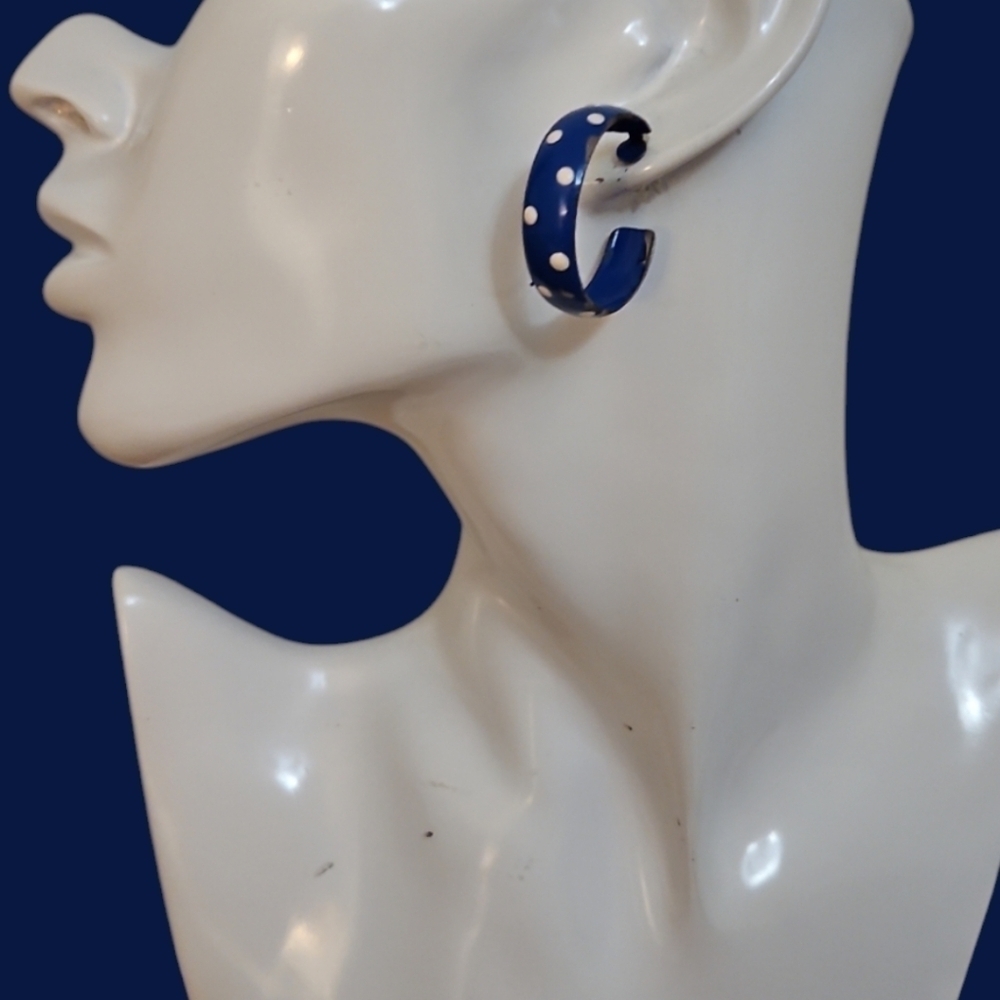 3/$20 Vintage Blue Metal Polka Dot Rockabilly Hoop Post Earrings - Picture 1 of 6